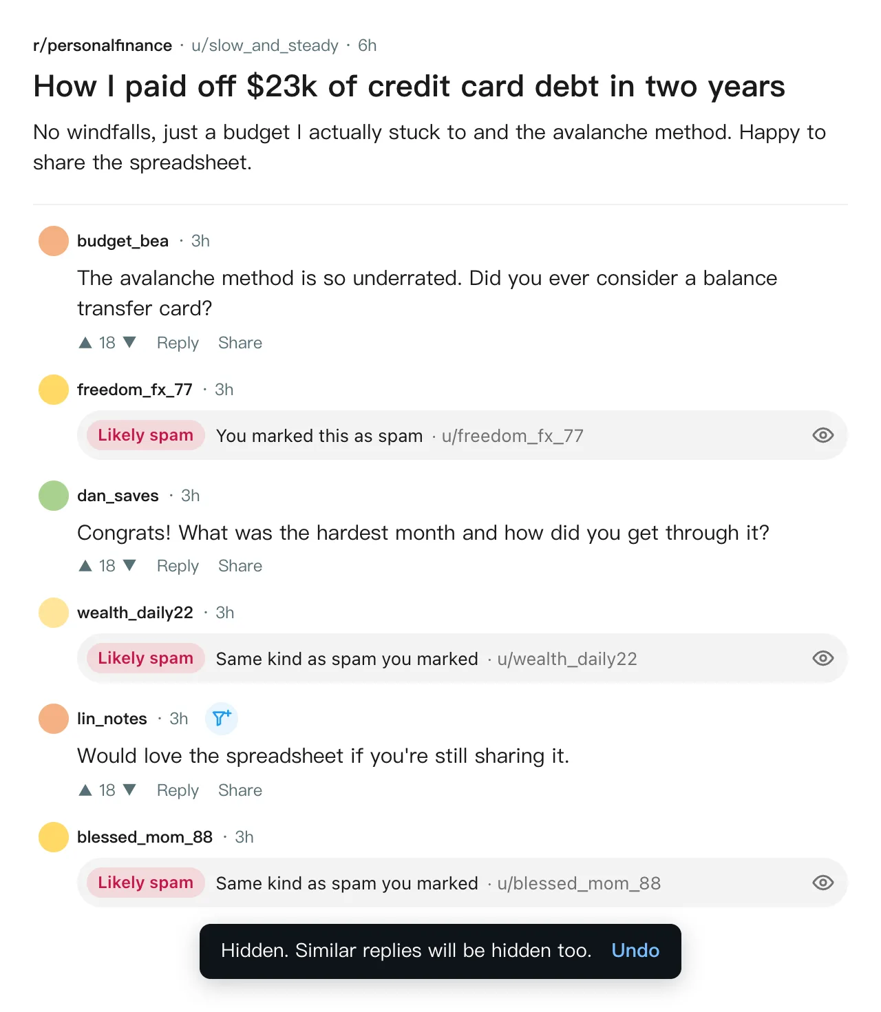 Reddit comments: after marking one scam reply, two similar replies are cleaned up too