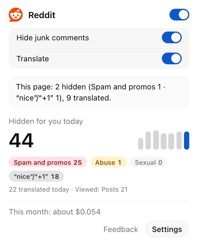 ClearFlow popup: replies cleaned and translated on the current page