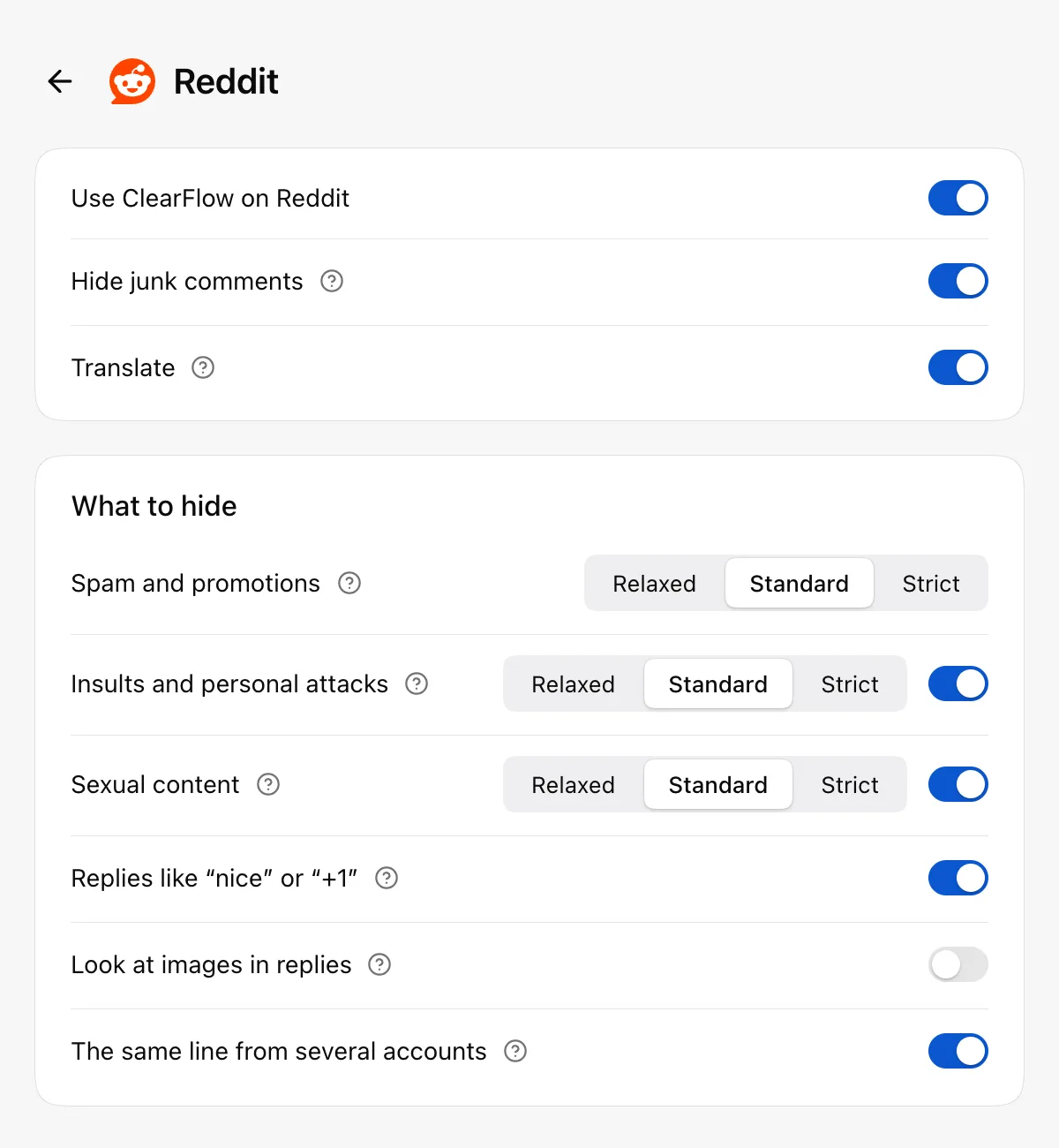 ClearFlow settings: Reddit's cleaning rules and translation