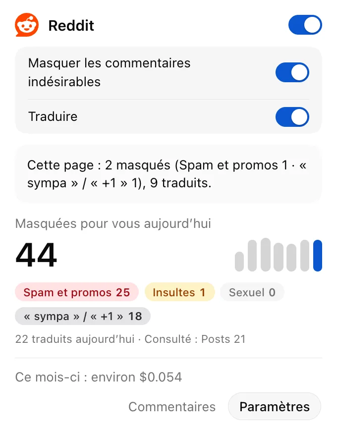 Fenêtre ClearFlow : réponses masquées et traduites sur la page actuelle