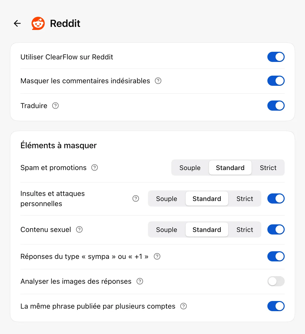 Paramètres ClearFlow : règles de filtrage et traduction pour Reddit