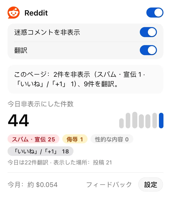 ClearFlow のポップアップ:このページで片付け・翻訳した件数