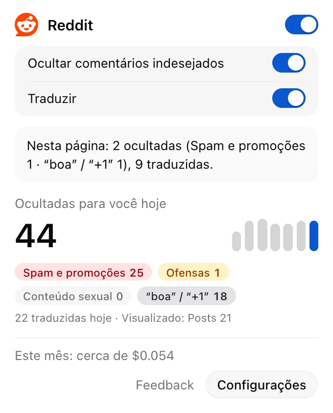 Janela do ClearFlow: respostas ocultadas e traduzidas na página atual