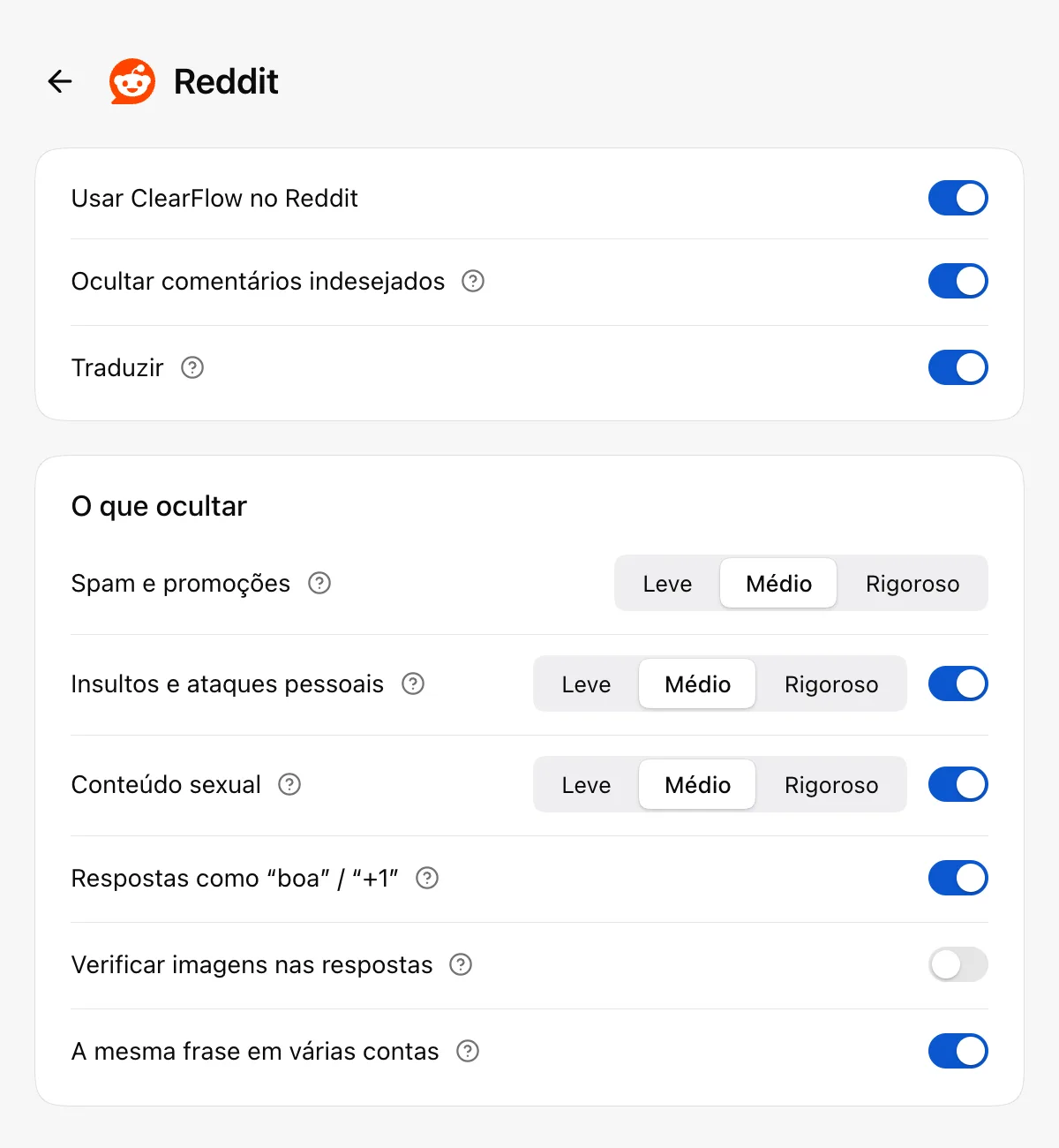Configurações do ClearFlow: regras de filtragem e tradução para o Reddit