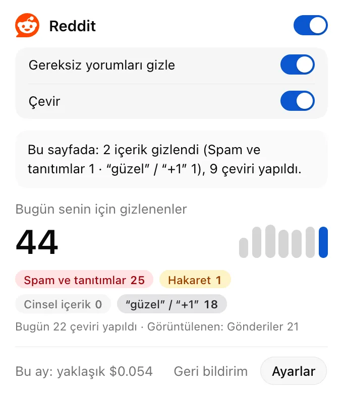 ClearFlow açılır penceresi: Bu sayfada gizlenen ve çevrilen yanıt sayıları