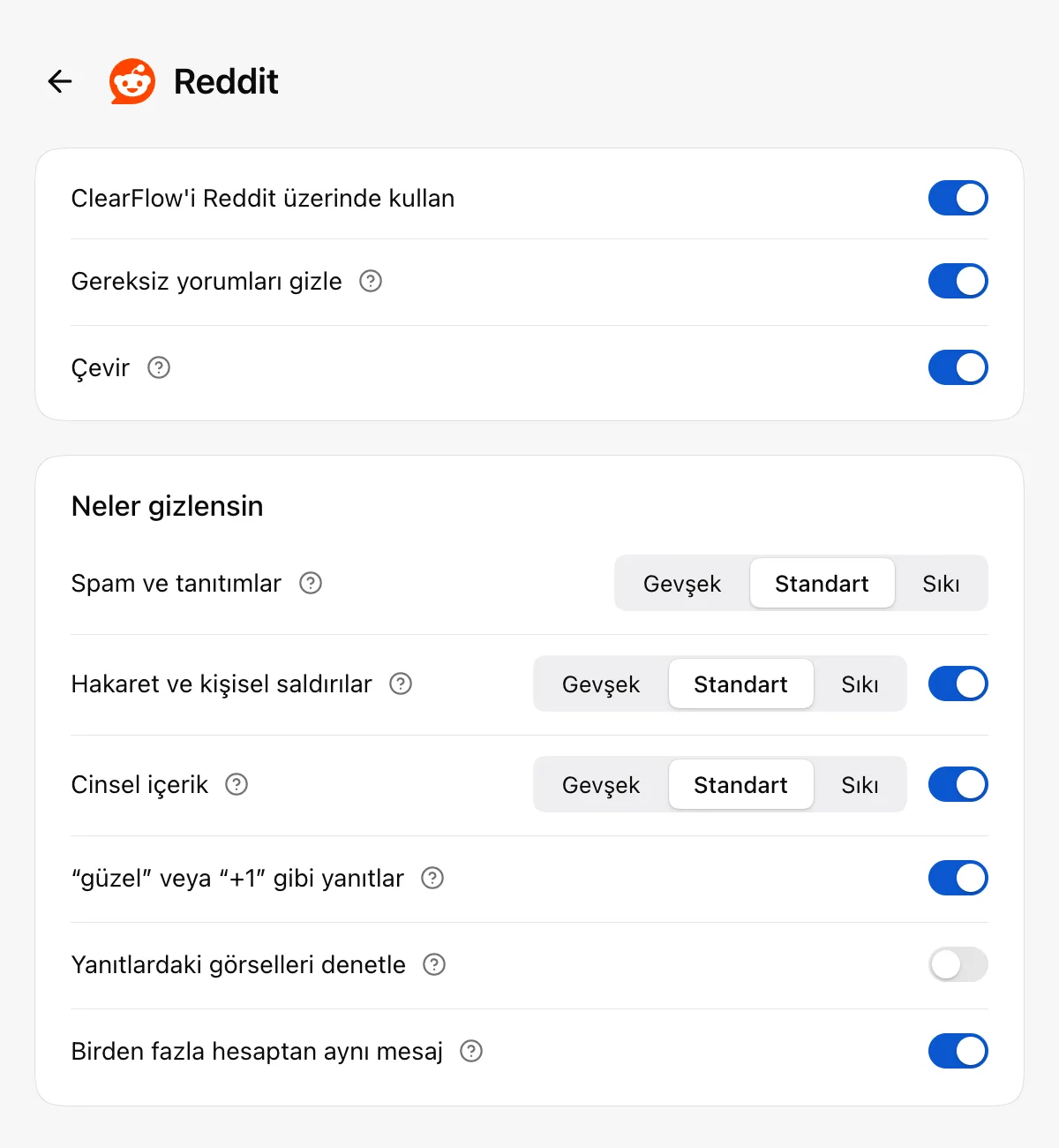 ClearFlow ayarları: Reddit için ayıklama kuralları ve çeviri